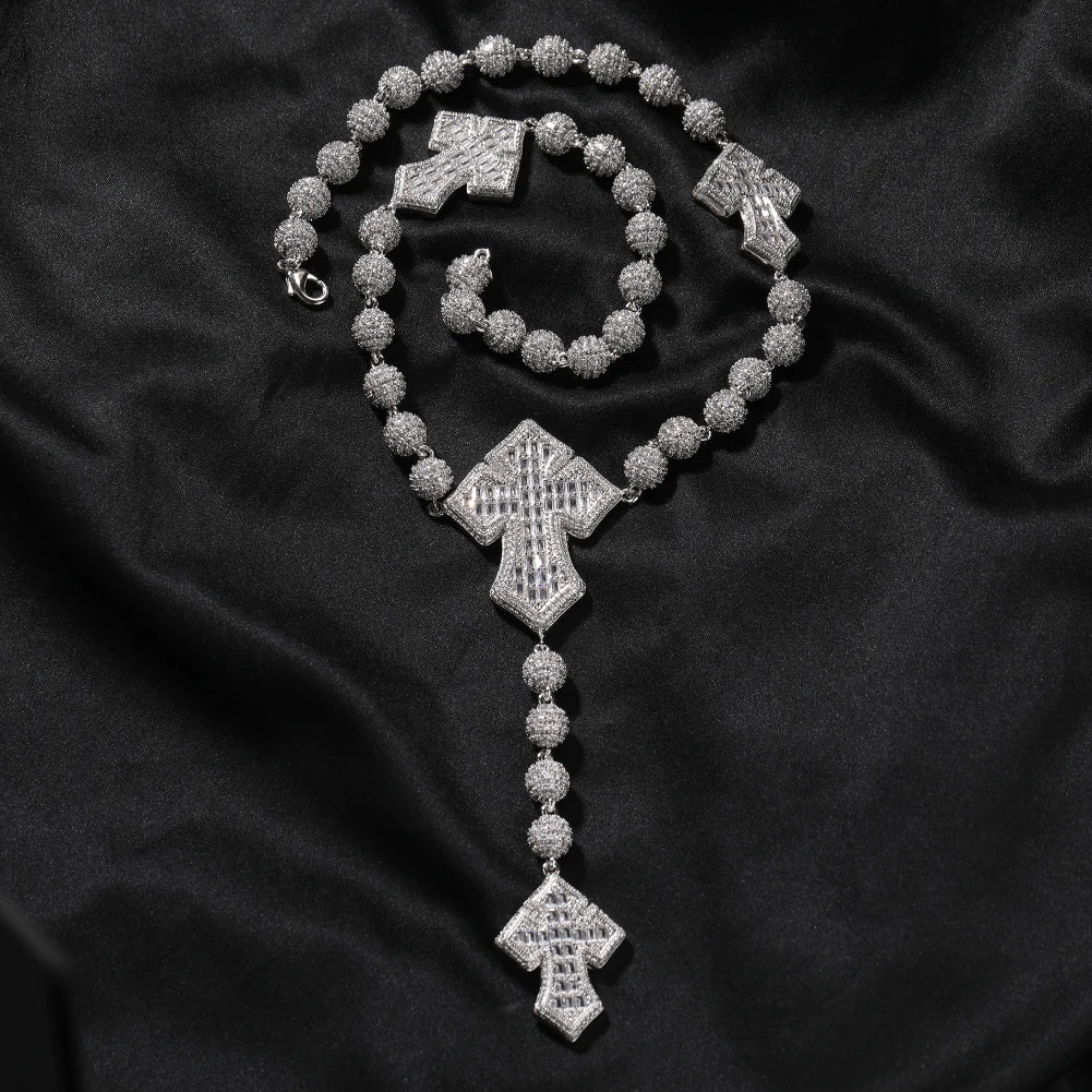 Uwin Bead Chain With 4 Corss Full Paved Iced Out Bling New In Cubic Zirconia HipHop Jewelry