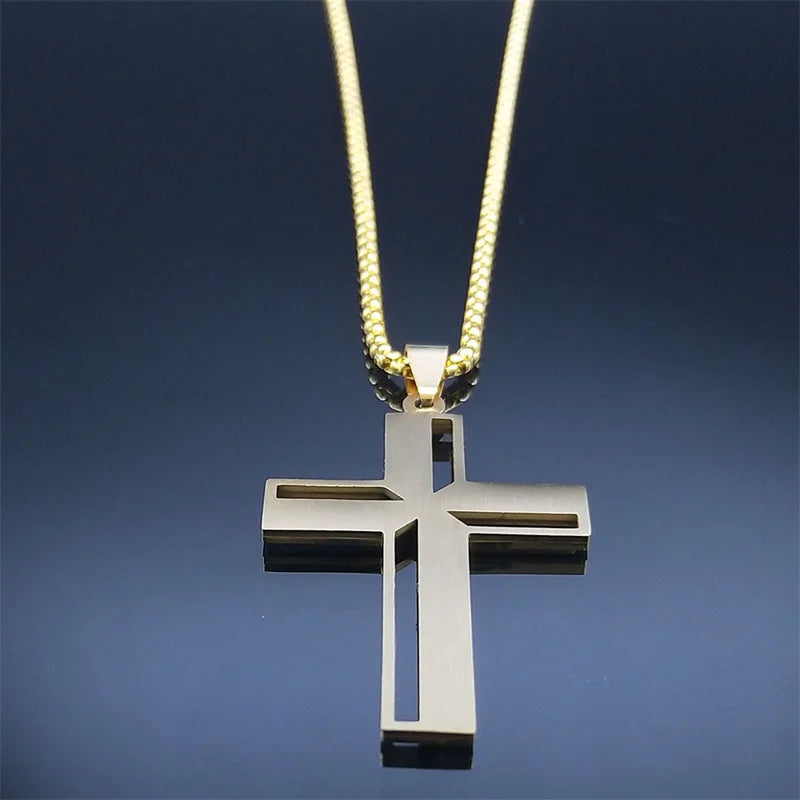 Catholic Open Cross Rhinestone Pendant Necklace — Stainless Steel