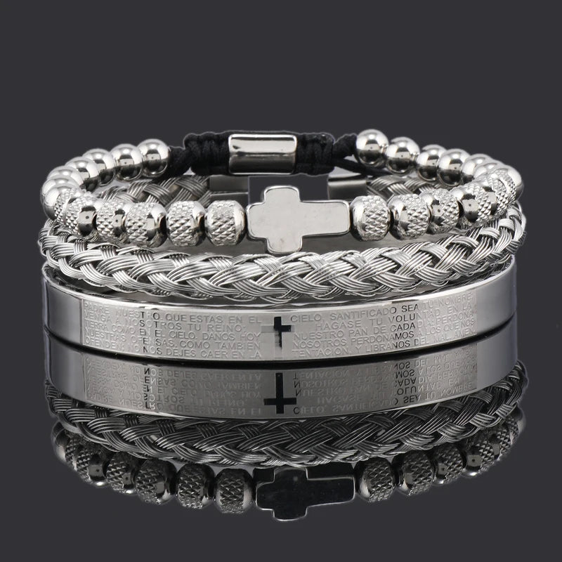 Spanish Scripture Cross Beaded Bracelet Set — Stainless Steel