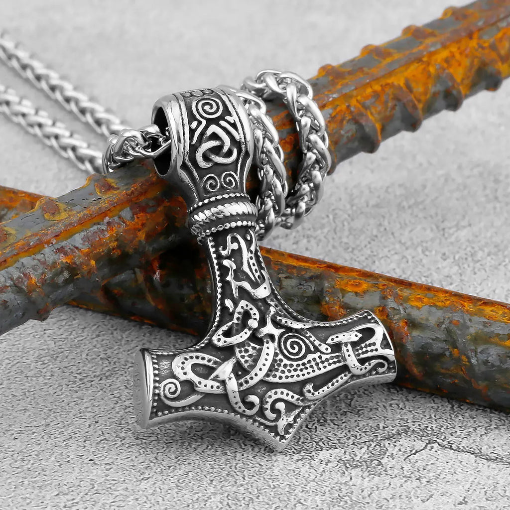 Nordic Viking Thor's Hammer Pendant Scandinavian Rune Amulet Necklace Stainless Steel Chain Men's Jewelry Gift