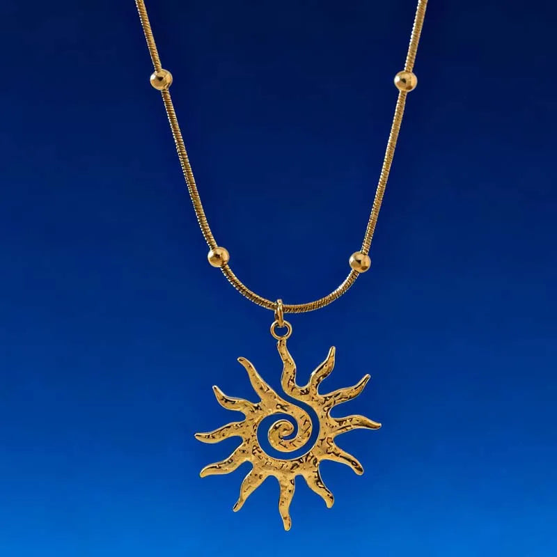 Fashion Vintage Chic Sun Shaped Pendant Necklace Stainless Steel Earrings Statement Golden Fashion Jewlery Accessories