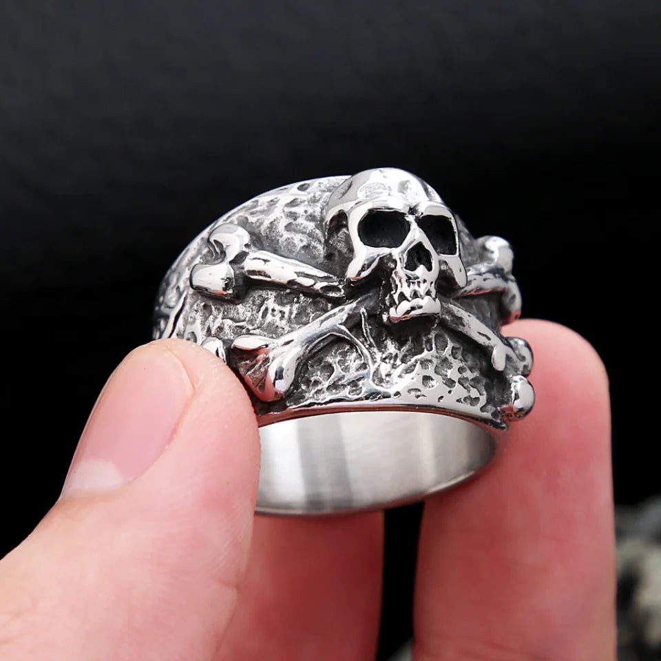 Punk Vintage Stainless Steel Crossbones Pirate Skull Ring For Men Boys Biker Hip Hop High Quality Fashion Jewelry Gift