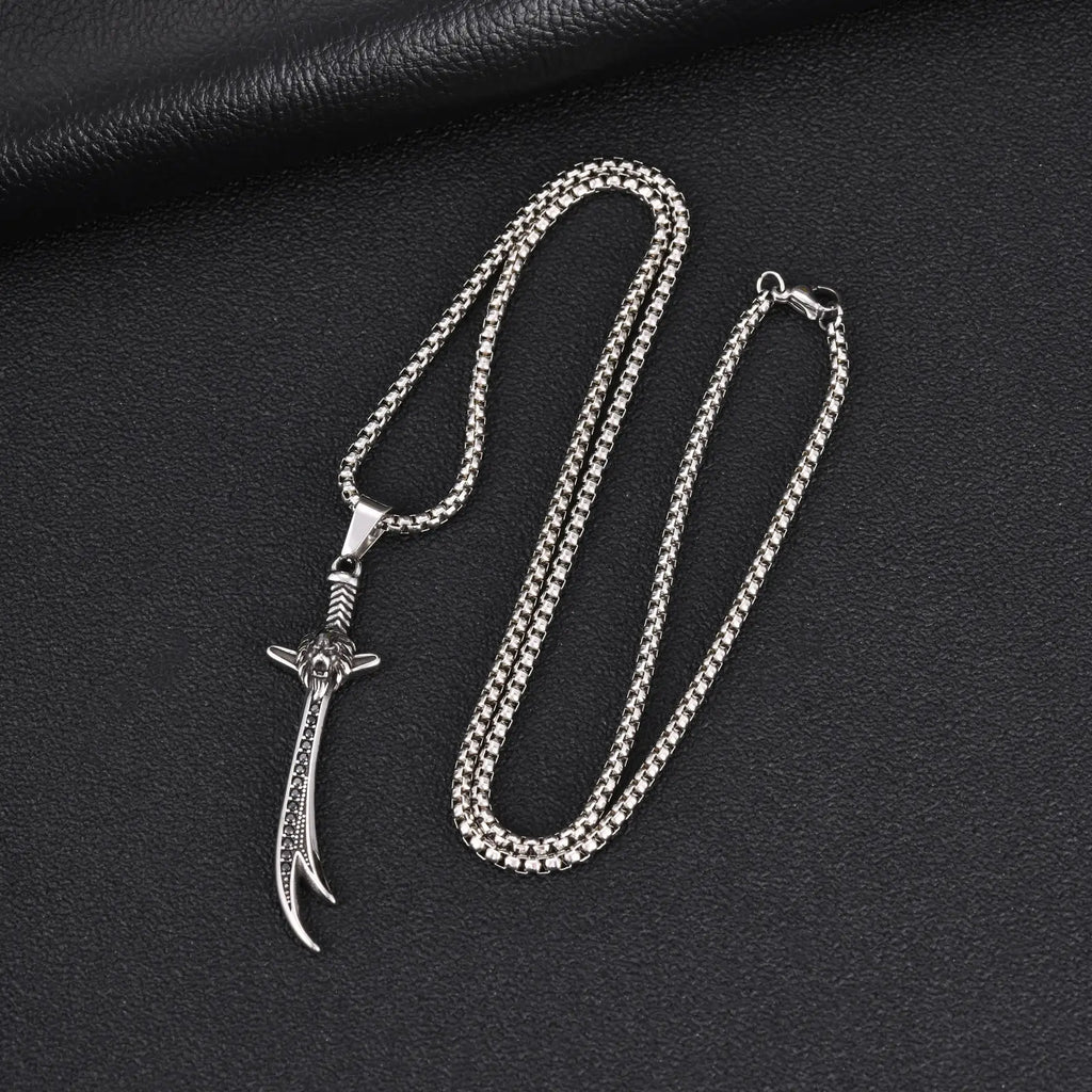 Vnox Mens Stainless Steel Lion Head Scimitar Sword Pendant Necklace, Gothic Black Zircon Box Chain Punk Jewelry Gift for Him