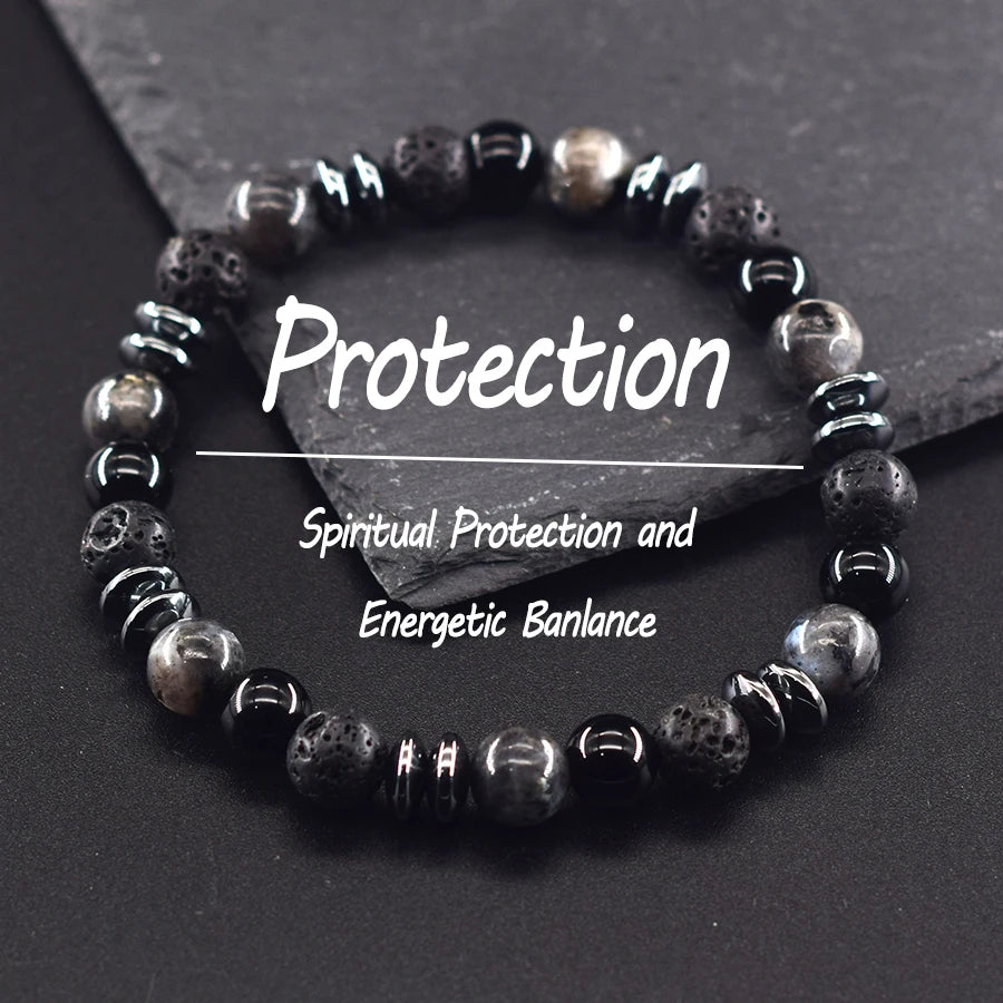 Classic Black Natural Labradorite Volcanic Stone Round Bead Bracelet Health Protection Wealth Luck Accessory Men 팔찌