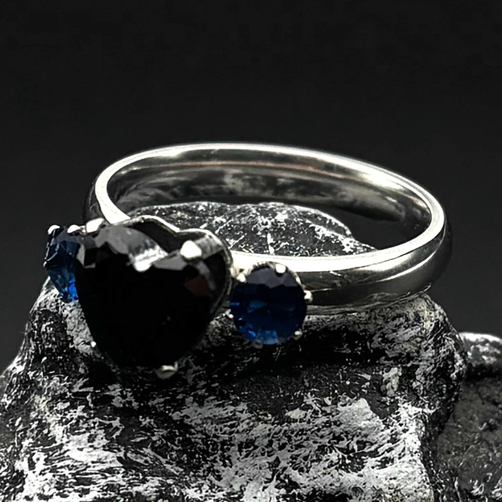 Gothic Heart Silver Ring Blue Rhinestones Finger