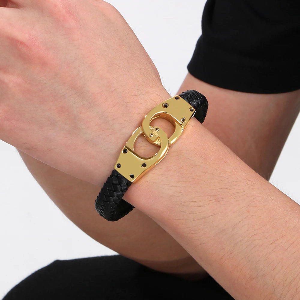 Braided Leather Handcuffs Style Men's Wrap Bracelet Stainless Steel Charm Bracelet for Men Gold Color Jewelry Logo