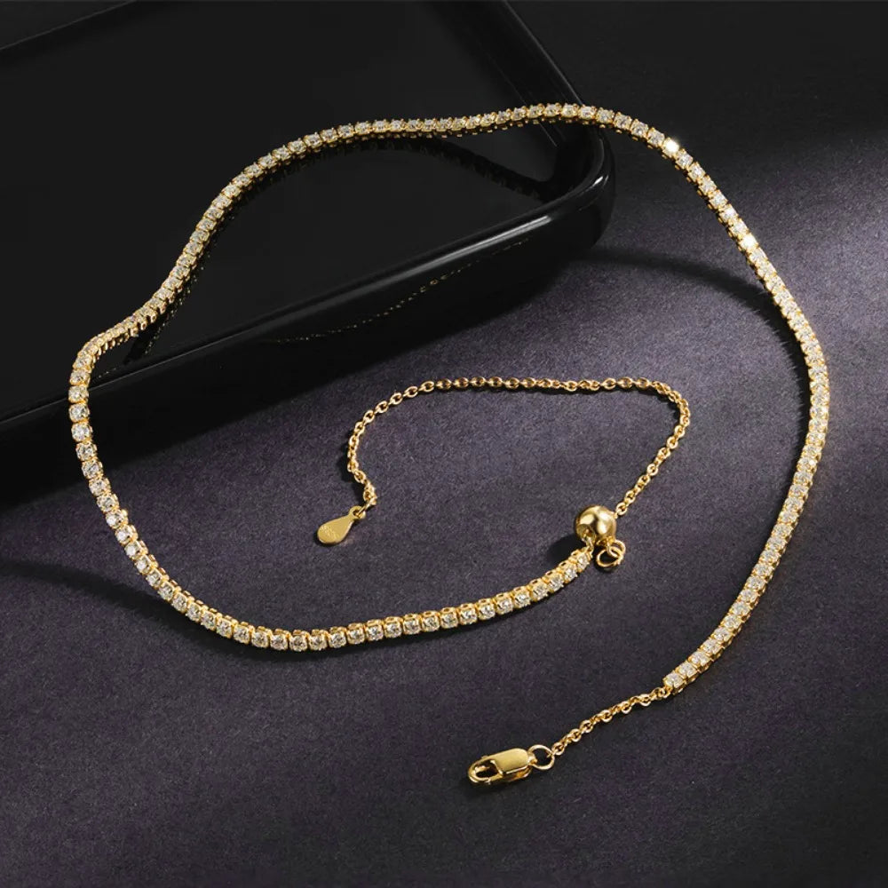 FEOBUR 2mm Moissanite Tennis Necklaces for Women S925 Silver Plated 18K Gold Adjustable Choker Full Diamond Neck Chain