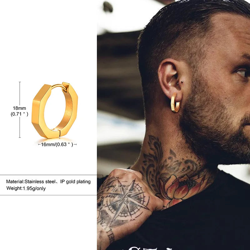 Geometric Octagon Hoop Earrings — Stainless Steel