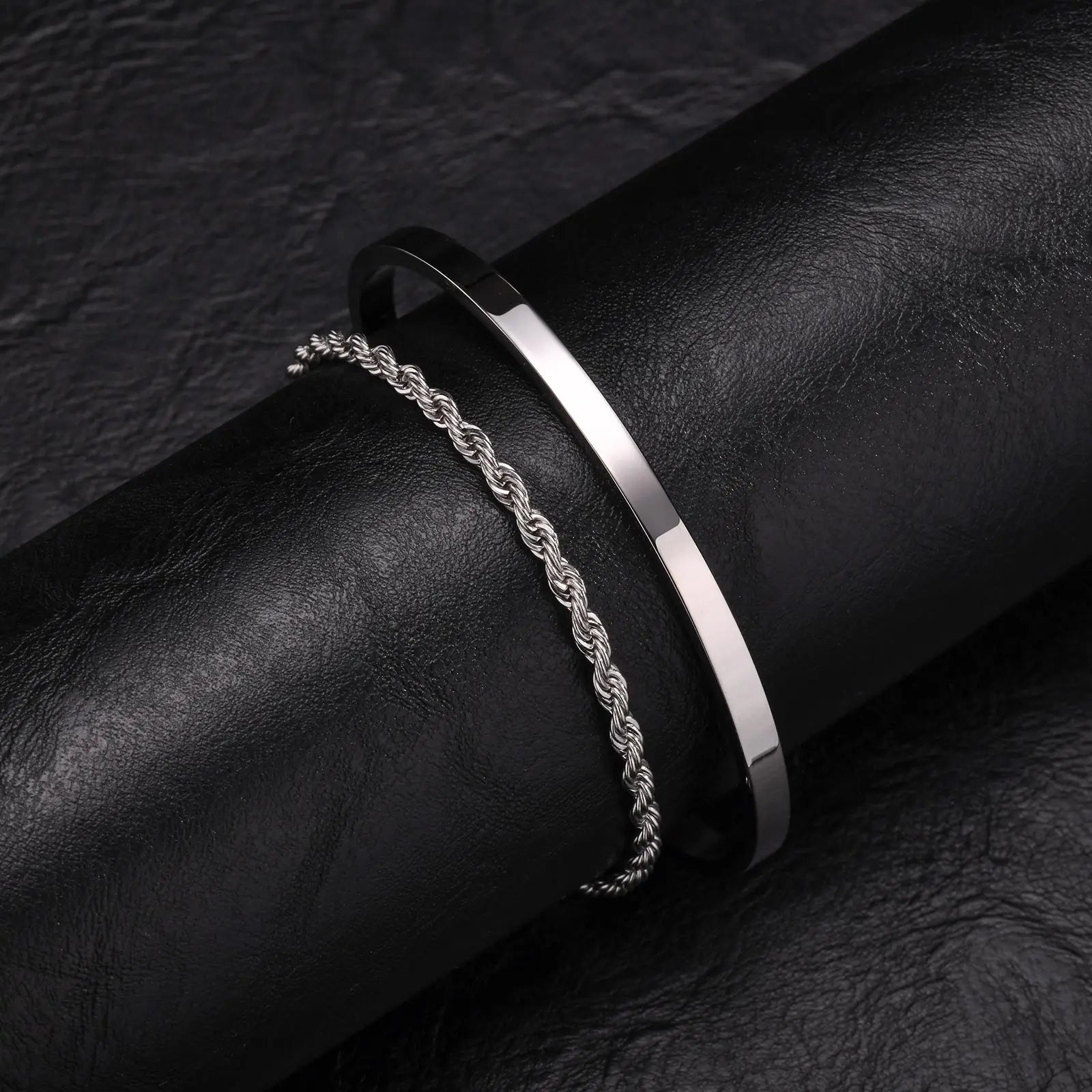 Men's 2pcs Set Simple Fashion Cuban Snake Link Chain Bracelet Stainless Steel Open Cuff Bangle Punk Hip Hop Jewelry Set