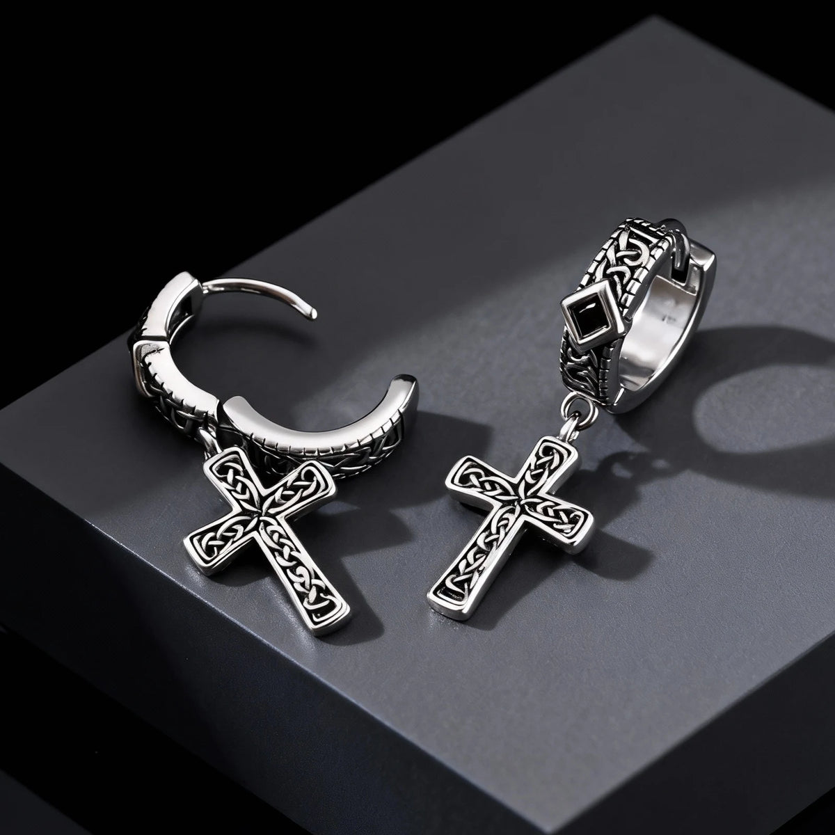 Vintage Celtic Knot Cross Pendant Earrings for Men, Black Zircon Stainless Steel Rhombus Hoop Earrings, Punk Gothic