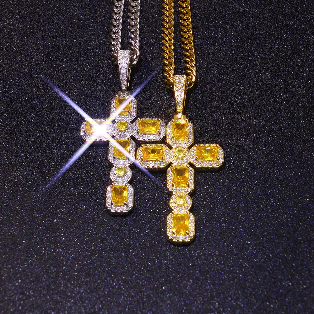 Cross Pendant Necklace Iced Out Yellow CZ
