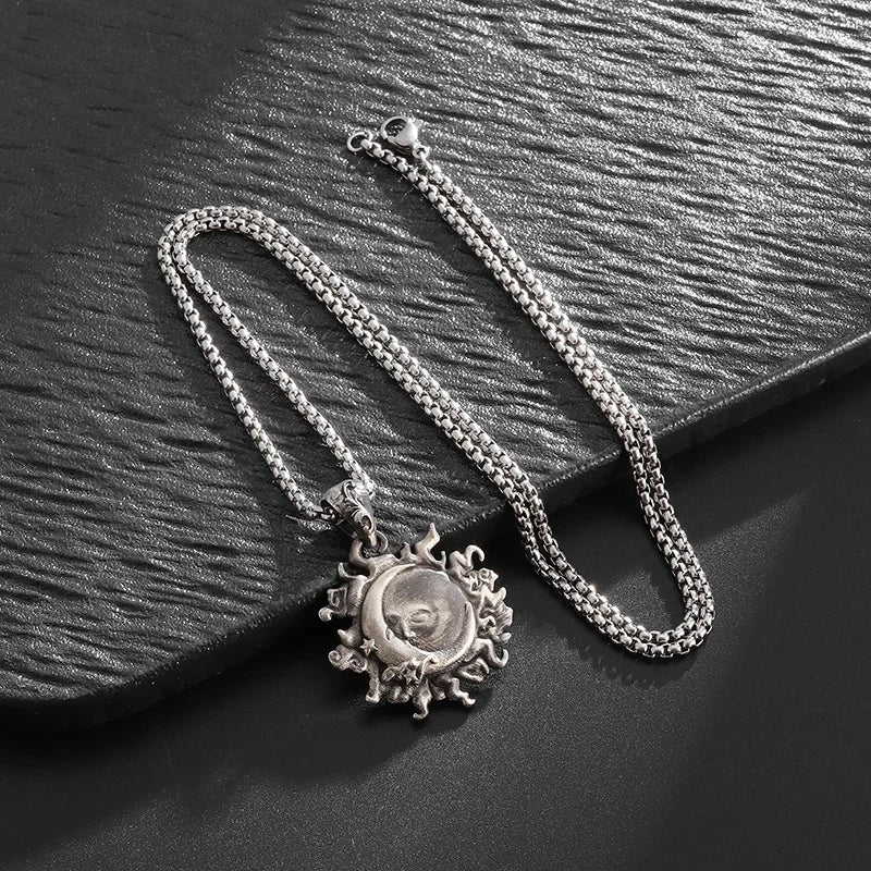 Sun Hugging Moon Round Pendant — Stainless Steel