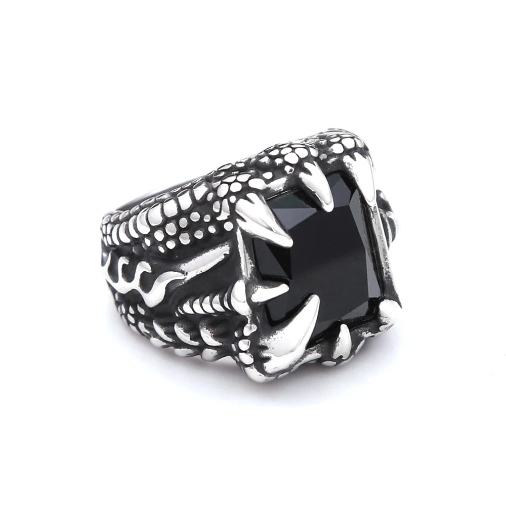 Gothic Dragon Black Ring Vintage Claw Punk Stone