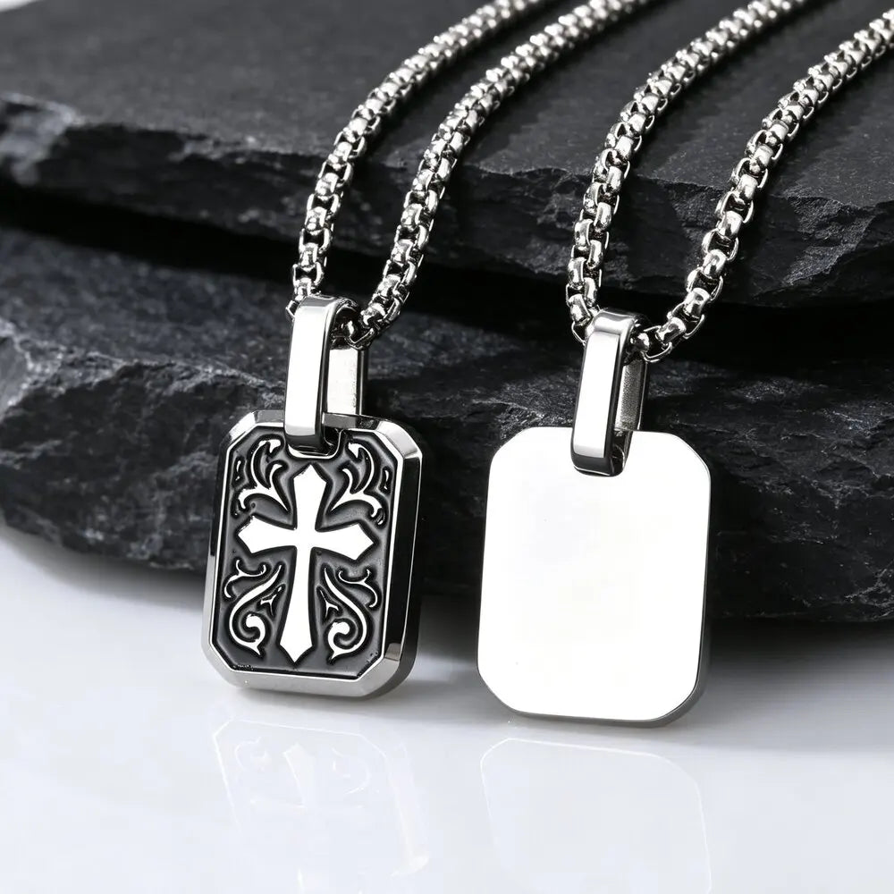Black Enamel Cross Dog Tag Necklace — Stainless Steel