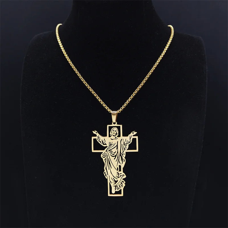 Jesus Cross & Virgin Mary Cutout Necklace — Stainless Steel