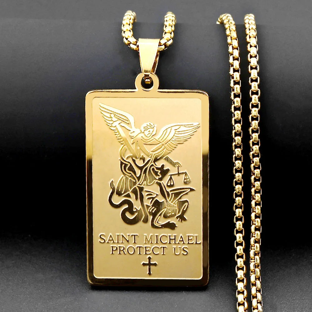 Christian Archangel Saint Michael Protect Us Cross Medal Pendant Necklace Stainless Steel Chain Amulet Jewelry Gift