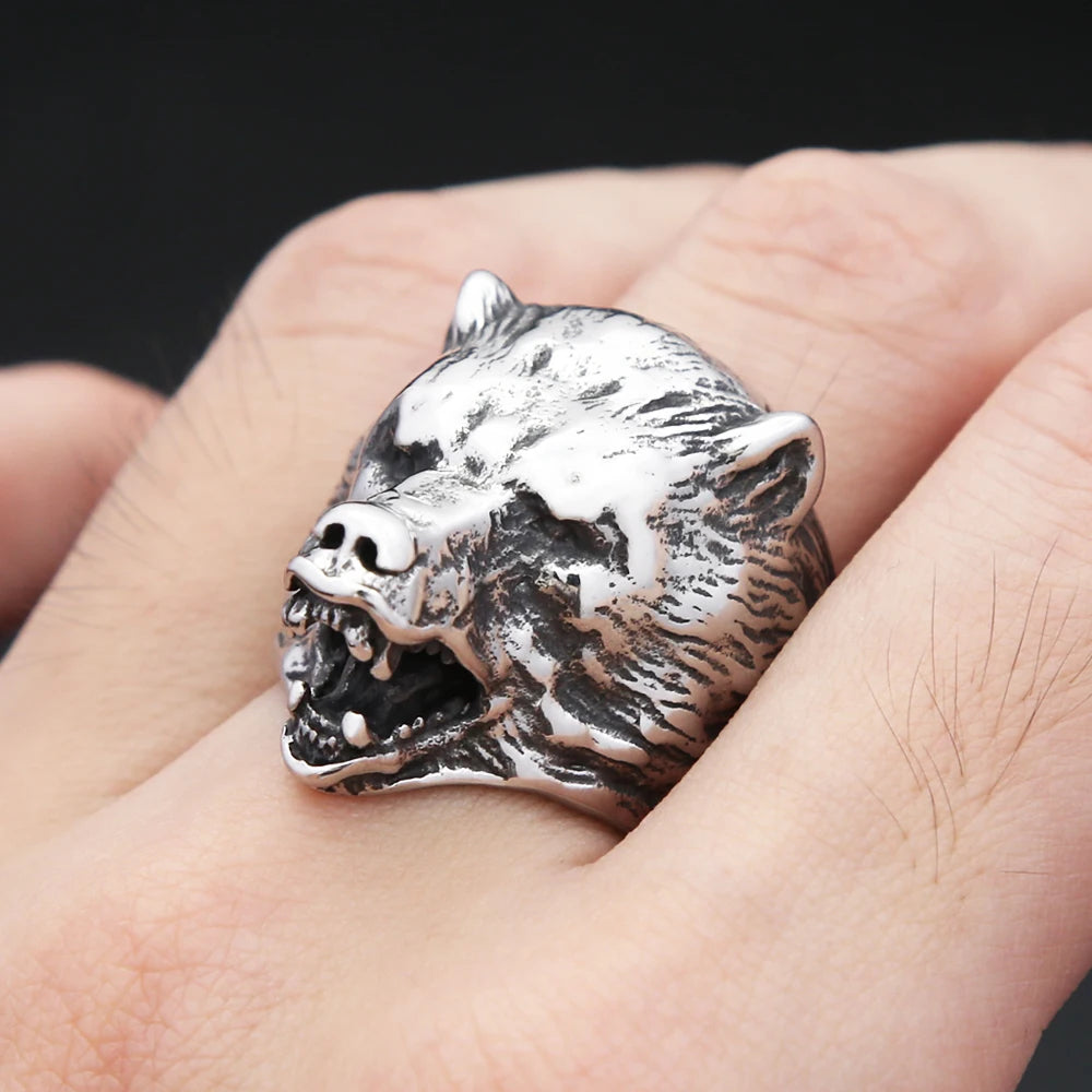 Viking Steel Ring Nordic Bear Head Slavic