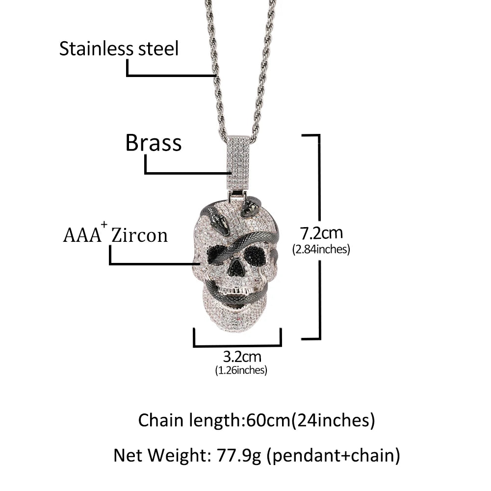 THE BLING KING Iced Out Ghost Skull Head Black Snake Arround Pendant Necklace For Men White Gold Plated Charm Hip Hop Jewelry