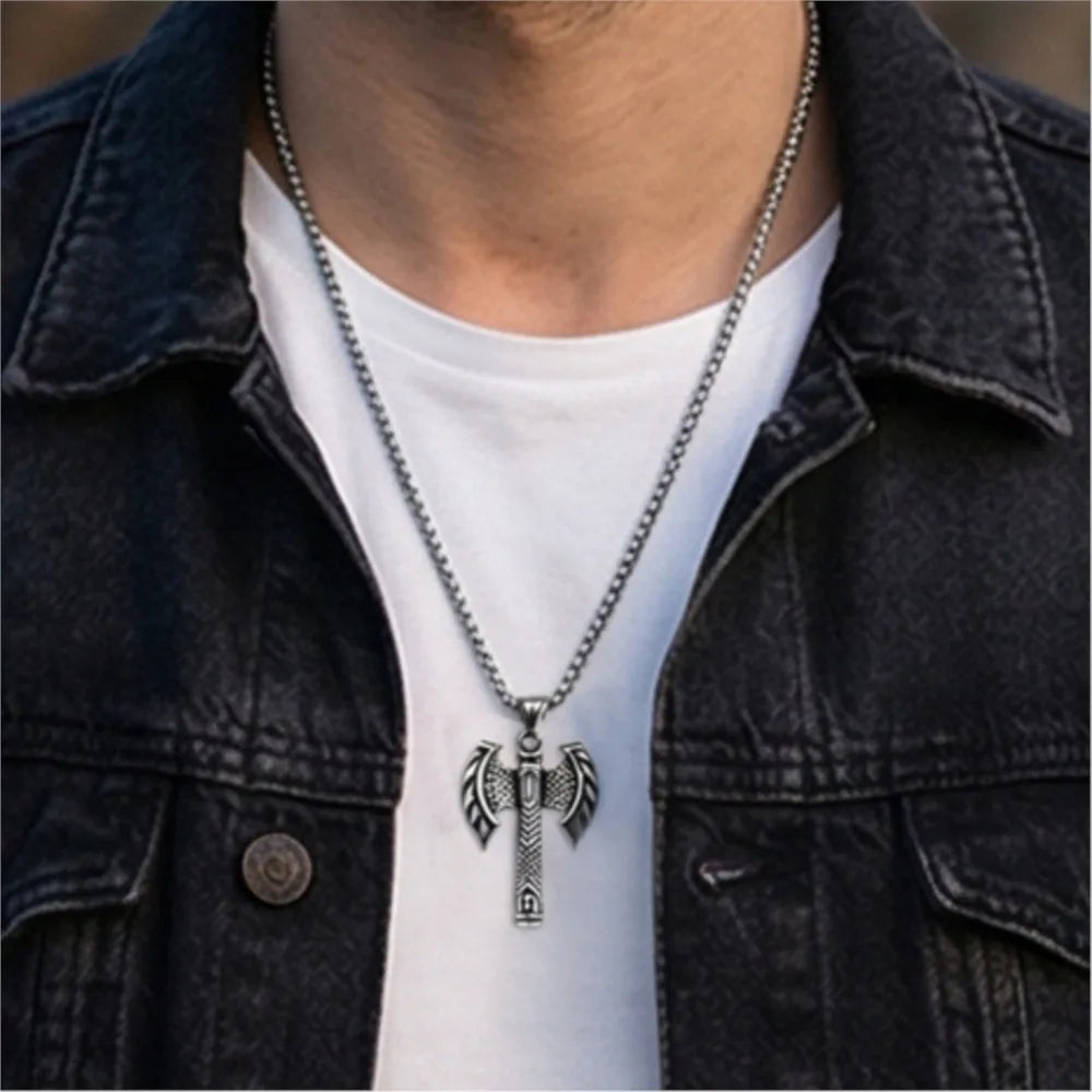 Silver Viking Axe Pendant Necklace Statement