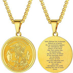 Round Archangel Michael Medal Pendant Necklace Black Color Stainless Steel Box Chain Necklace For Women Catholic