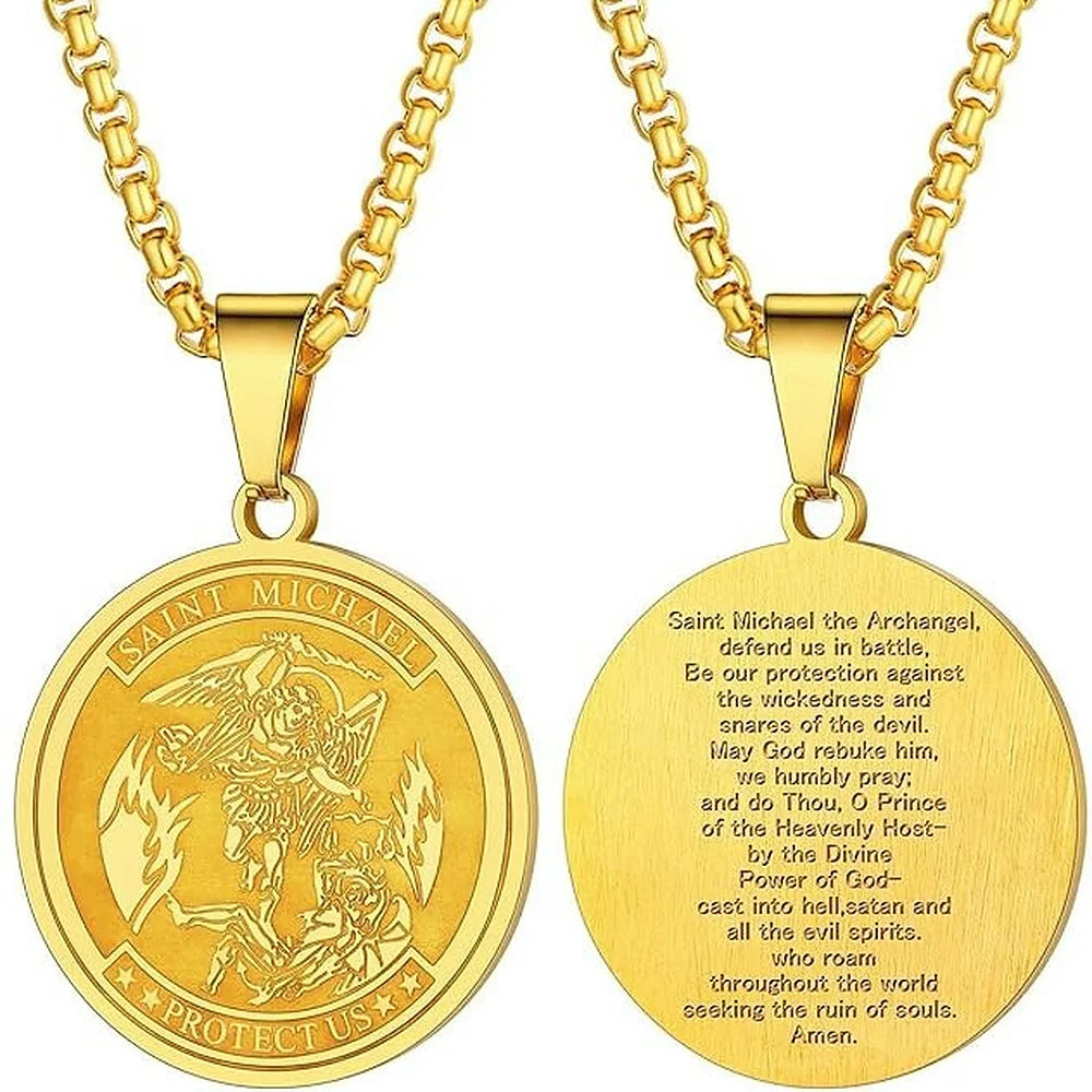 Round Archangel Michael Medal Pendant Necklace Black Color Stainless Steel Box Chain Necklace For Women Catholic