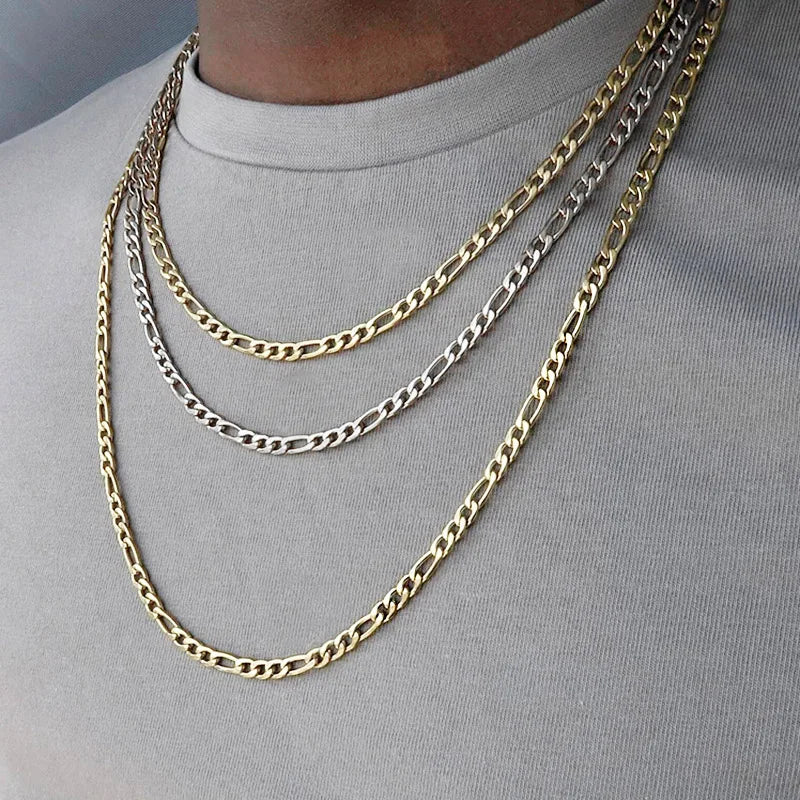 Gold Figaro Cuban Chain Necklace 3MM Stainless Steel