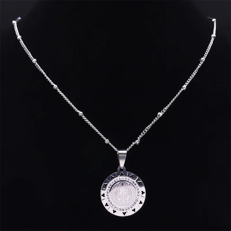 Catholic Saint Benedict Medal Necklace for Women Men Stainless Steel Silver Color San Benito Religious Chain Jewelry N8085S02