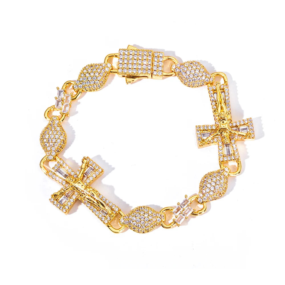 Two-Tone Cross Cuban Bracelet Iced Out Baguette