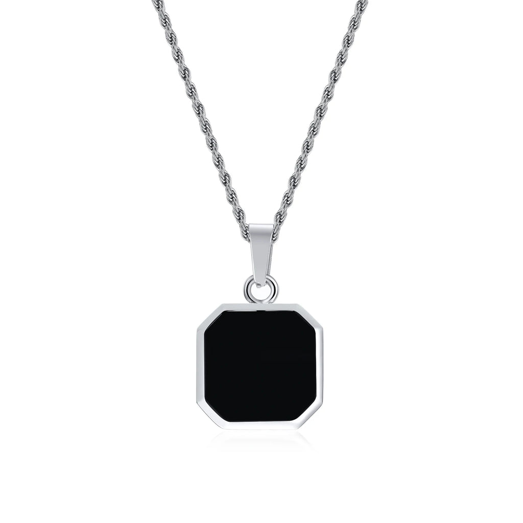 Initials Necklaces for Men Women,A-Z 26 Letters Black Square Stainless Steel Pendant Collar,45-60CM Twisted Rope Chain