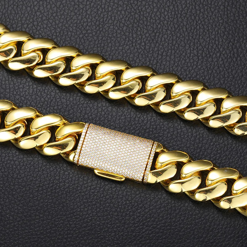 Luxury 24K 9999 Pure Gold real gold Men's European and American Hip Hop Cuban Chain with Full Diamond Cuban Necklace