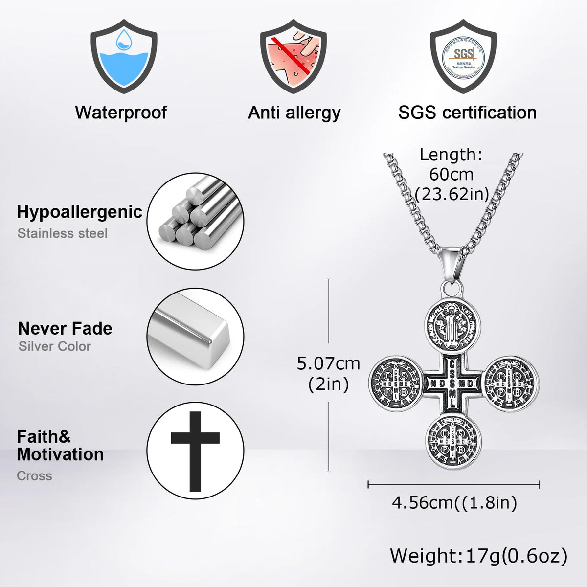 Saint Benedict Cross Medal Necklace — Silver, Stainless Steel