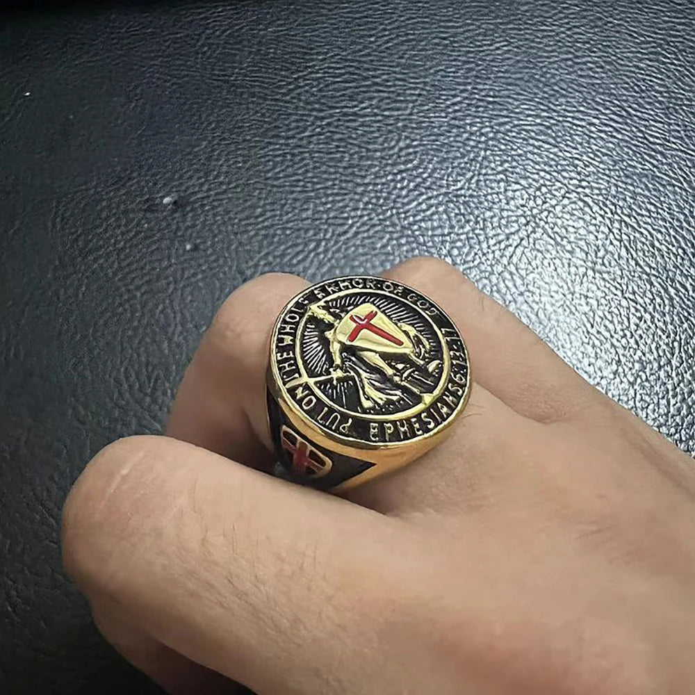 Vintage Stainless Steel Knights Templar Rings For Men Women Hip Hop Biker Cross Warriors Red Shield Ring Amulet Jewelry
