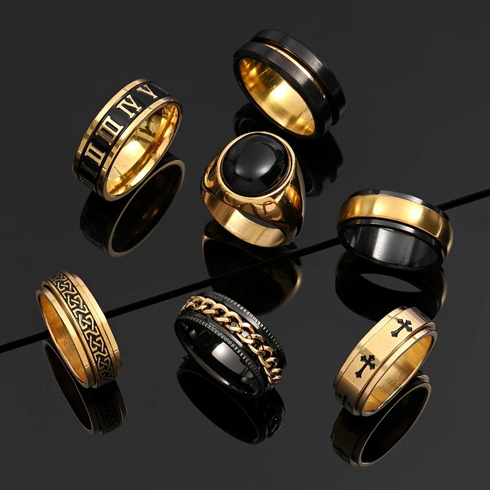 Viking Rune Cross Ring Set for Men — 7-Piece Stainless Steel