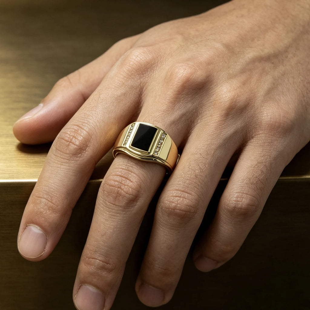 Fashion Luxury Golden Square Black Onyx Signet Ring for Men, Synthetic CZ Accent Vintage Business Masculine Jewelry