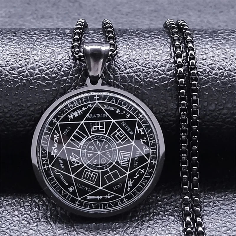 Seal of Seven Archangels Medal Stainless Steel Glass Necklace Seal of Solomon Talisman Necklace Protection Jewelry