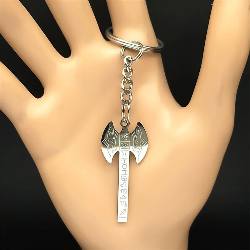 Viking Silver Ring Nordic Rune Axe Keychain Mythology