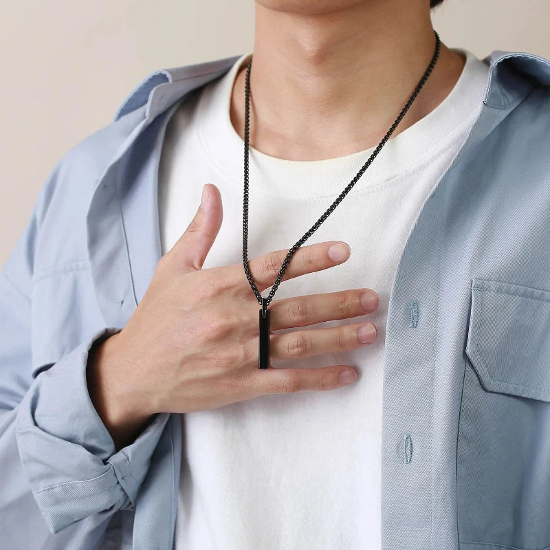 Simple Fashion 3D Vertical Bar Necklaces for Men Minimalist Stainless Steel Geometric Pendant Chain Male Collar Jewelry