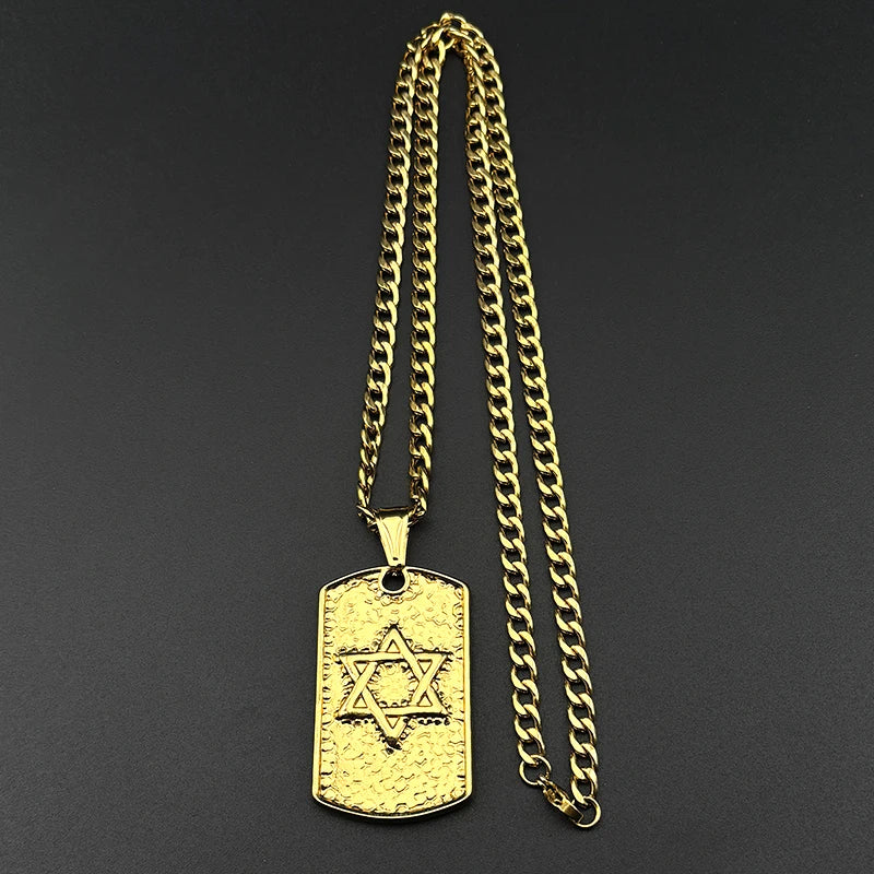 Hebrew Star of David Dog Tag Pendant Necklace for Women Men Stainless Steel Gold Silver Color Jewish Hip Hop Chain