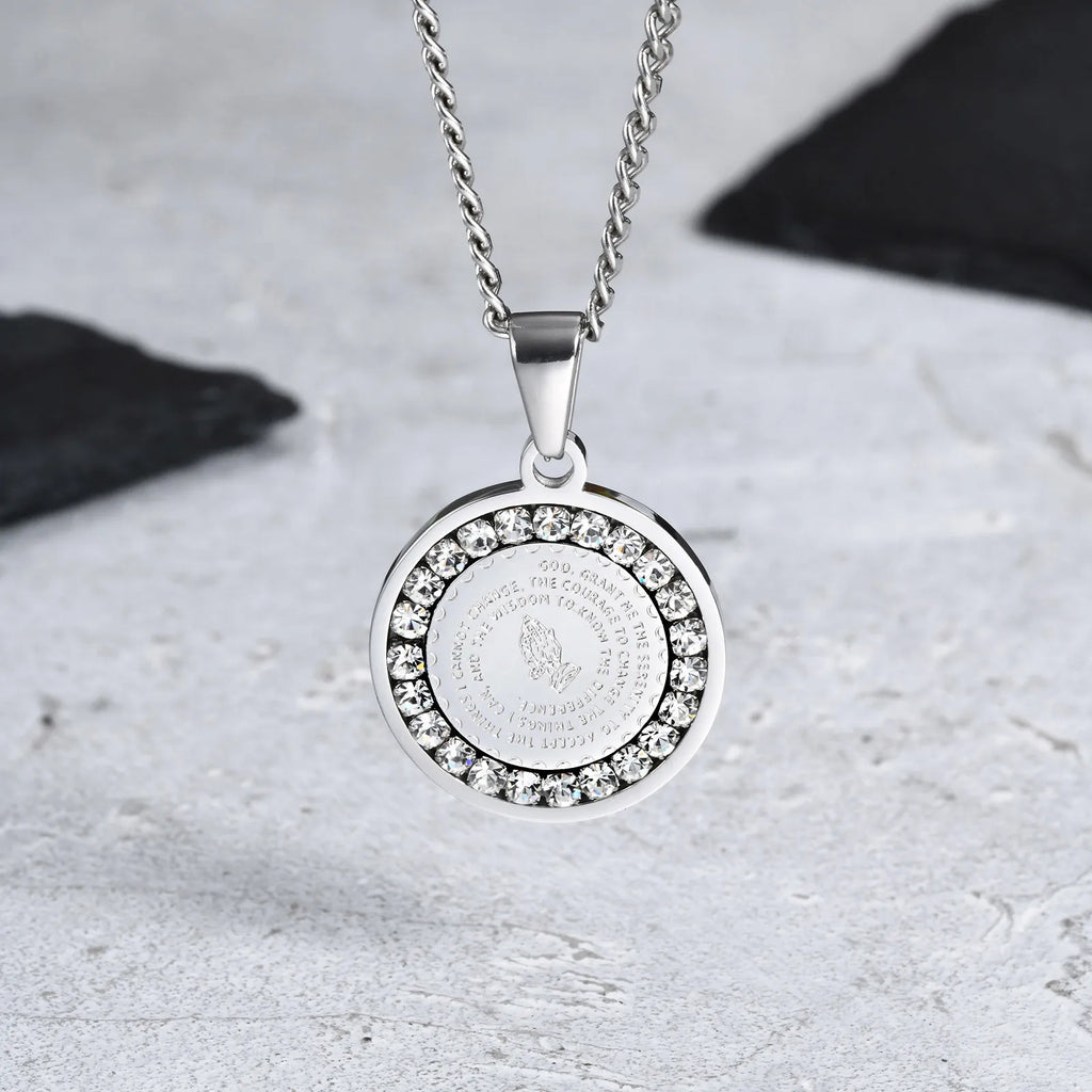 Iced Out Prayer Coin Pendant Necklace — Stainless Steel