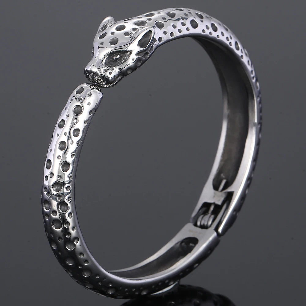 Men's 316l Stainless Steel Leopard Open Bangle Punk Gothic Animal Cuff Bracelet for Man Hip Hop Jewelry Cool Gifts for
