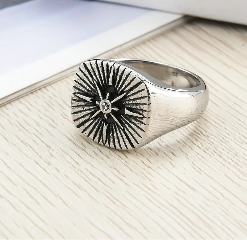 Nautical Biker CZ North Star Compass Signet Ring For Men Hip Hop Punk Cross Stainless Steel Vintage Party Jewelry
