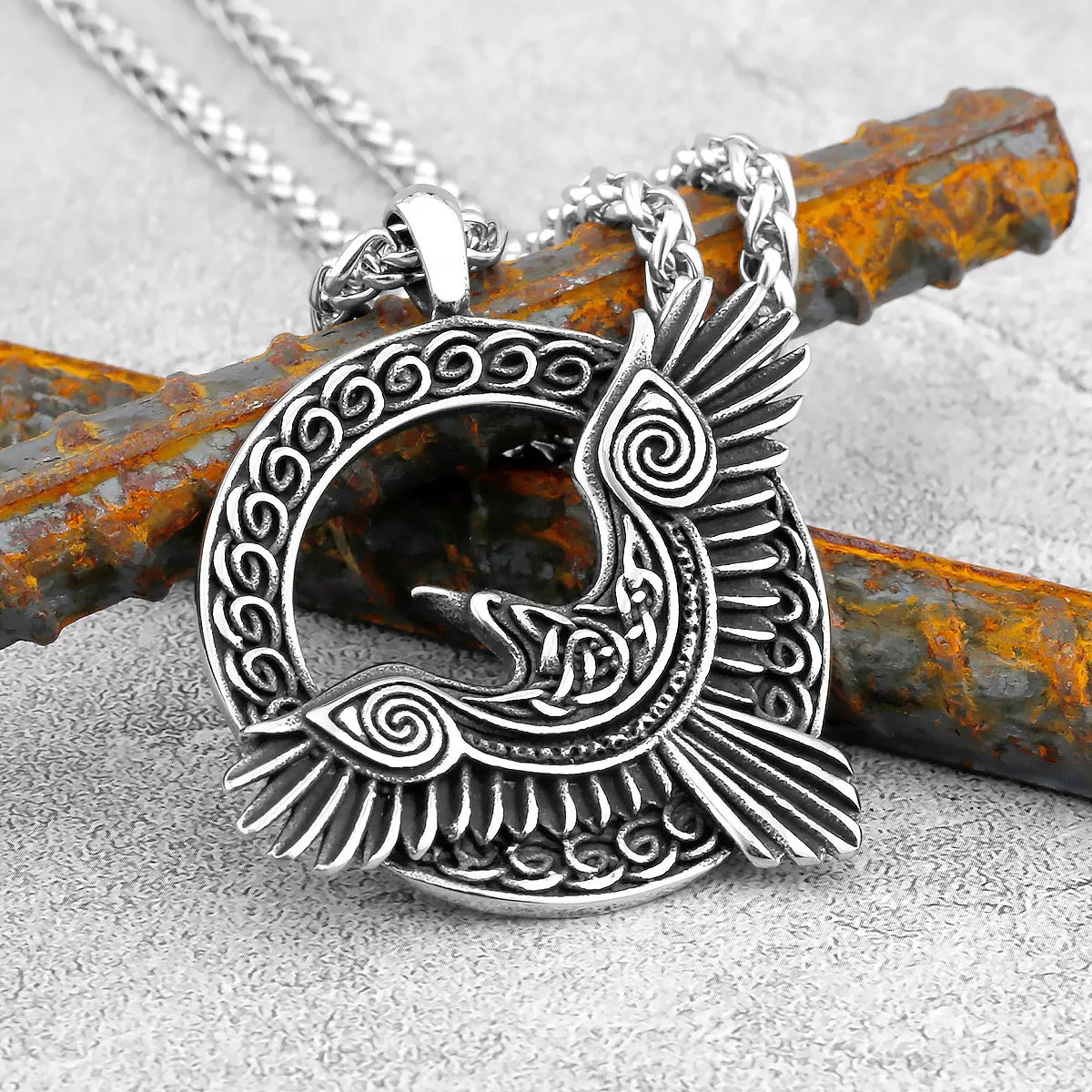 Nordic Odin Crow Skull Pendant Necklace Gothic Stainless Steel Raven Skull Compass Rune Necklace for Men Punk Jewelry