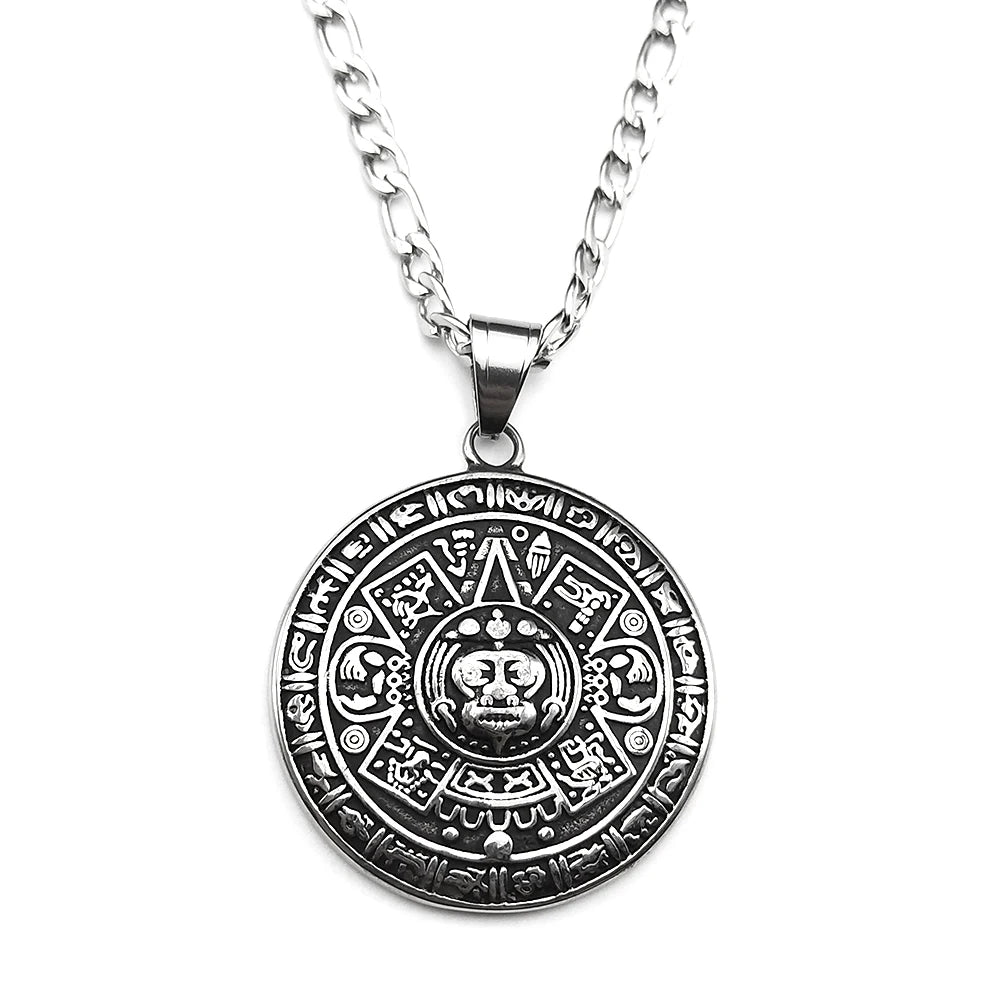Vintage Mayan Symbol Pendant Necklace For Men Women Stainless Steel Black Ethnic Style Faith Amulet Chain Jewelry