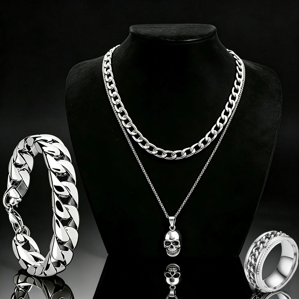 Skull Pendant Necklace, Curb Chain Bracelet & Ring Set — 4 Pcs