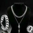 Skull Pendant Necklace, Curb Chain Bracelet & Ring Set — 4 Pcs