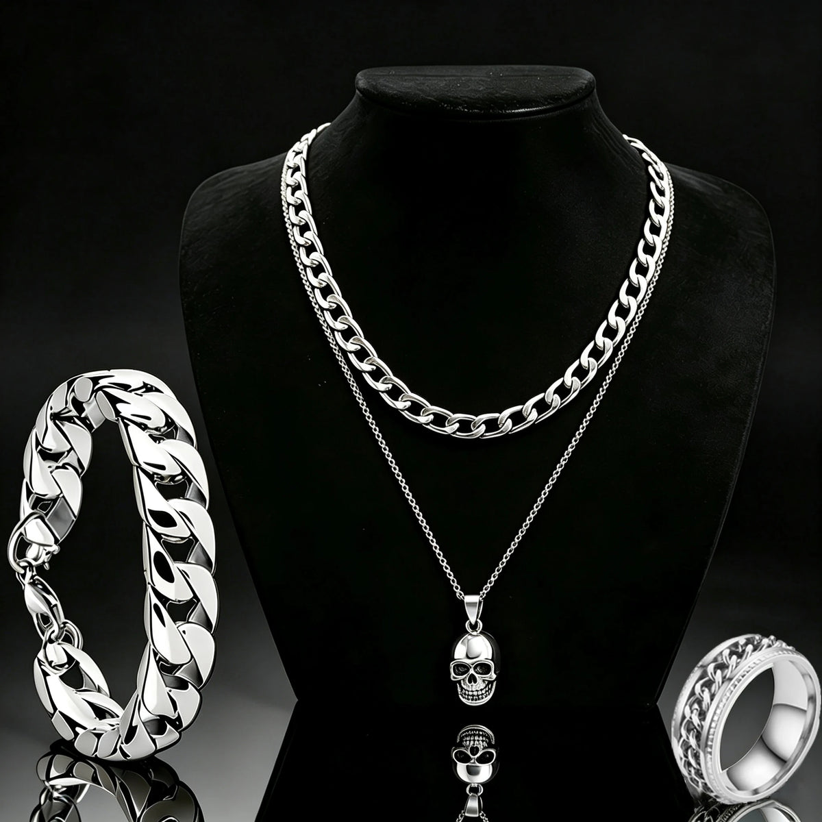 Skull Pendant Necklace, Curb Chain Bracelet & Ring Set — 4 Pcs
