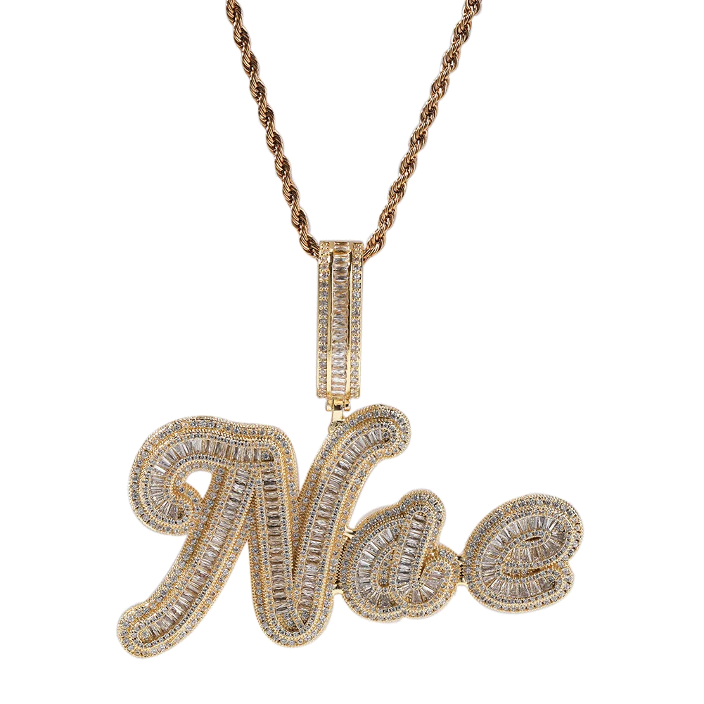 TBTK Custom Baguettecz Cursive Letter Name Pendant Iced Out Cubic Zirconia Personalized Chain Necklace Hiphop Jewelry
