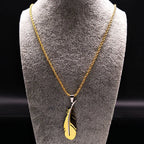 Feather Pendant Rope Chain Necklace Long — Stainless Steel