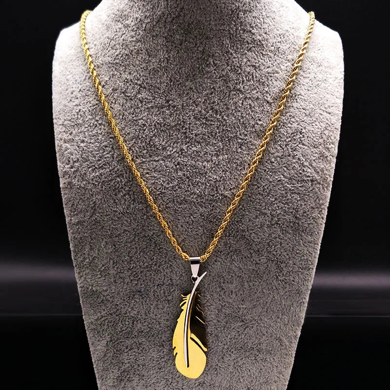 Feather Pendant Rope Chain Necklace Long — Stainless Steel