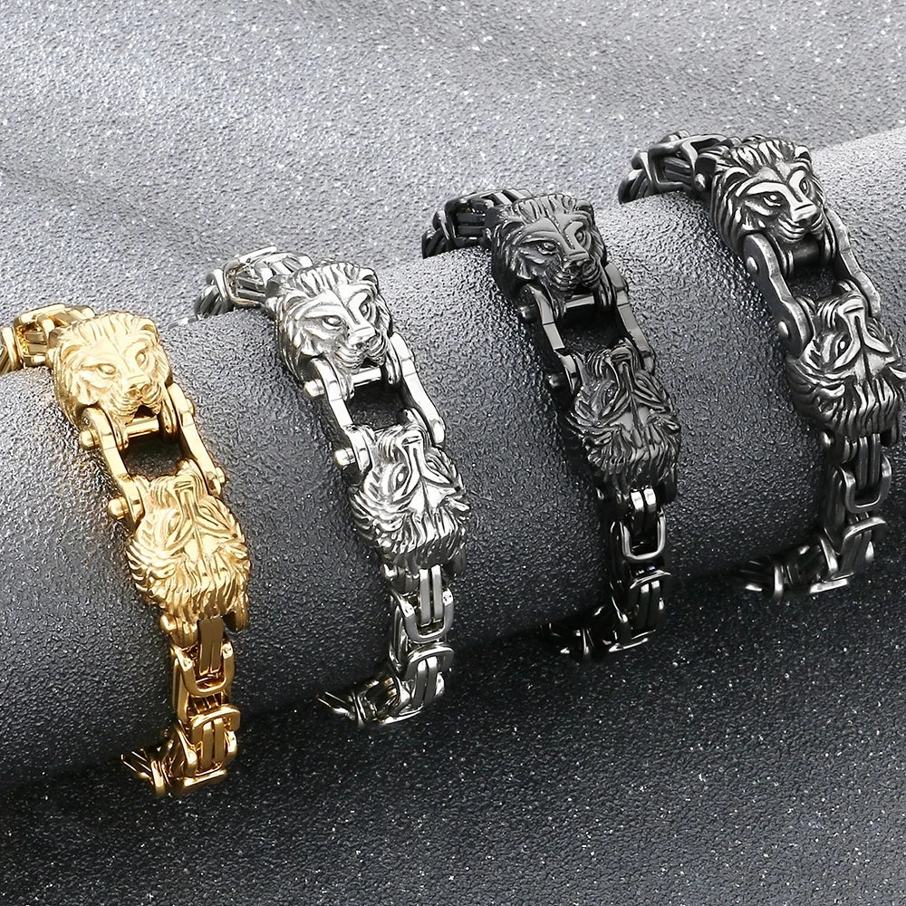 Cool 7MM Wide Men's Lion Head Link Chain Bracelet Vintage Blackened 316l Stainless Steel Bracelets Gothic Biker Jewelry